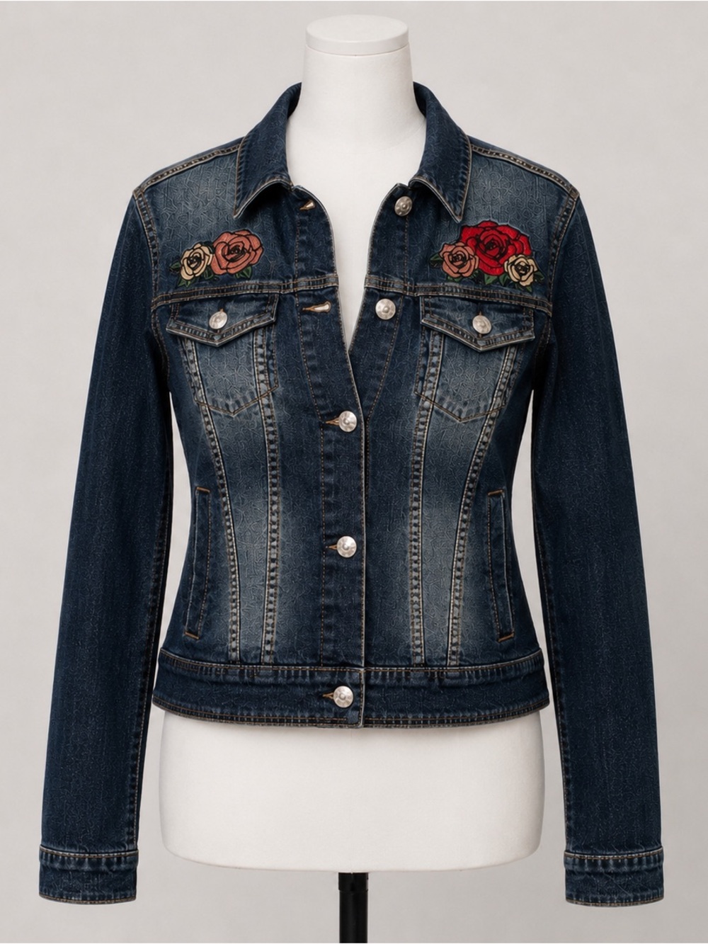 LuLaRoe Harvey Floral Embroidered Rose Denim Jacket Dark Wash NWT Medium - Picture 4 of 11